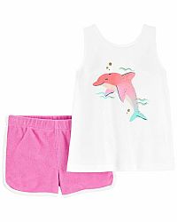 CARTER'S Set 2dílný triko na ramínka, kraťasy Pink Dolphin holka 9m